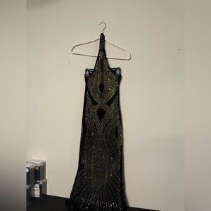 Elegant Black and Gold Halter Dress